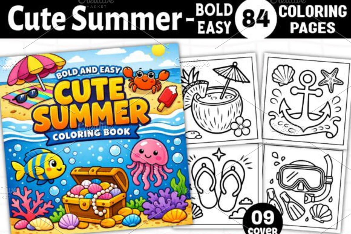 Bold Easy Cute Summer Coloring Pages, a Seasonal Illustration by Akrinity Digital (Photo 1 of 4)