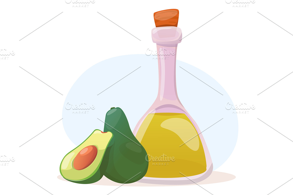 Oil in glass vial next to avocado, a Food Illustration by Vectorbuum