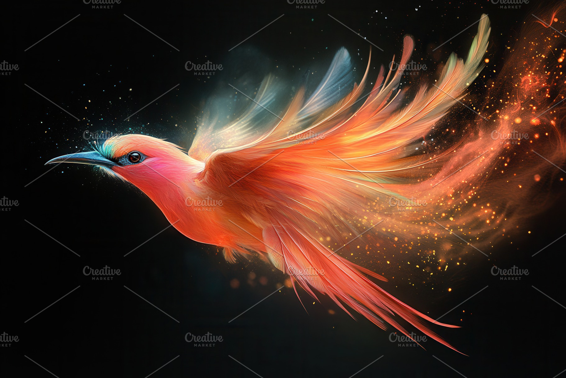 Vibrant bird takes flight amidst a s, a Photo by Tanuart