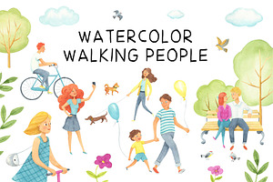 Big set watercolor walking people.
