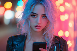 A young Caucasian woman with striking blue hair holds a smartphone, illuminated, a Person Photo by ImageMir