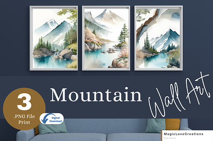 Watercolor Mountain Print Wall Decor, a Poster Template by MagicLove Creations