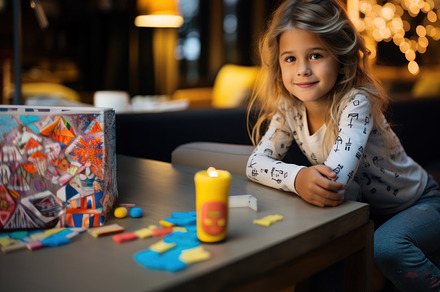 Cute little girl sitting at table in psychotherapy school table, a Photo by AS photostudio