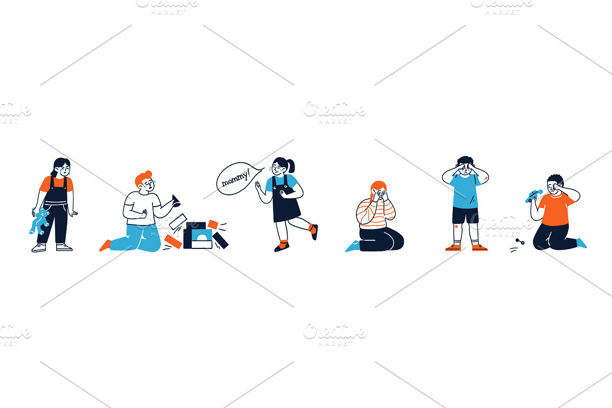 Isolated set of unhappy sad children, an Object Illustration by vectorpointstudio