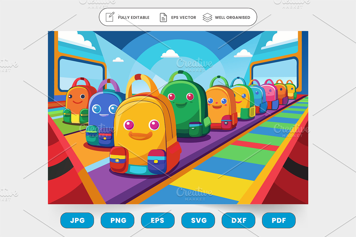 A cartoon train with colorful backpa, a Graphic by SaroStock