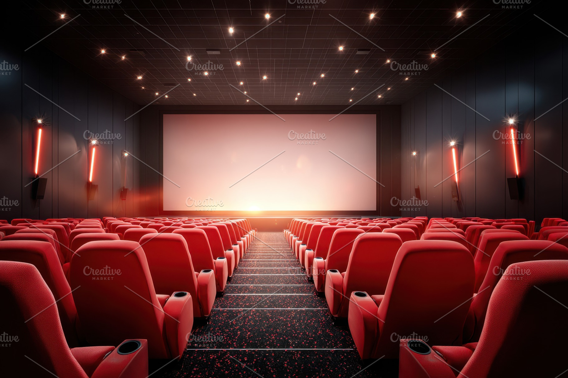 Modern cinema interior with plush red seating, an Arts & Entertainment Photo by AlyaAnd
