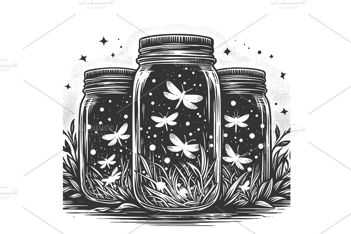 Fireflies in a Jar Under Starry Sky, an Animal Illustration by AlexArt