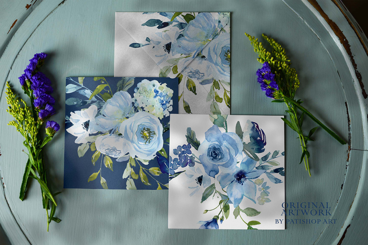 Watercolor Blue Florals Clipart Set, a Decorative Illustration by Patishop Art (Photo 10 of 14)