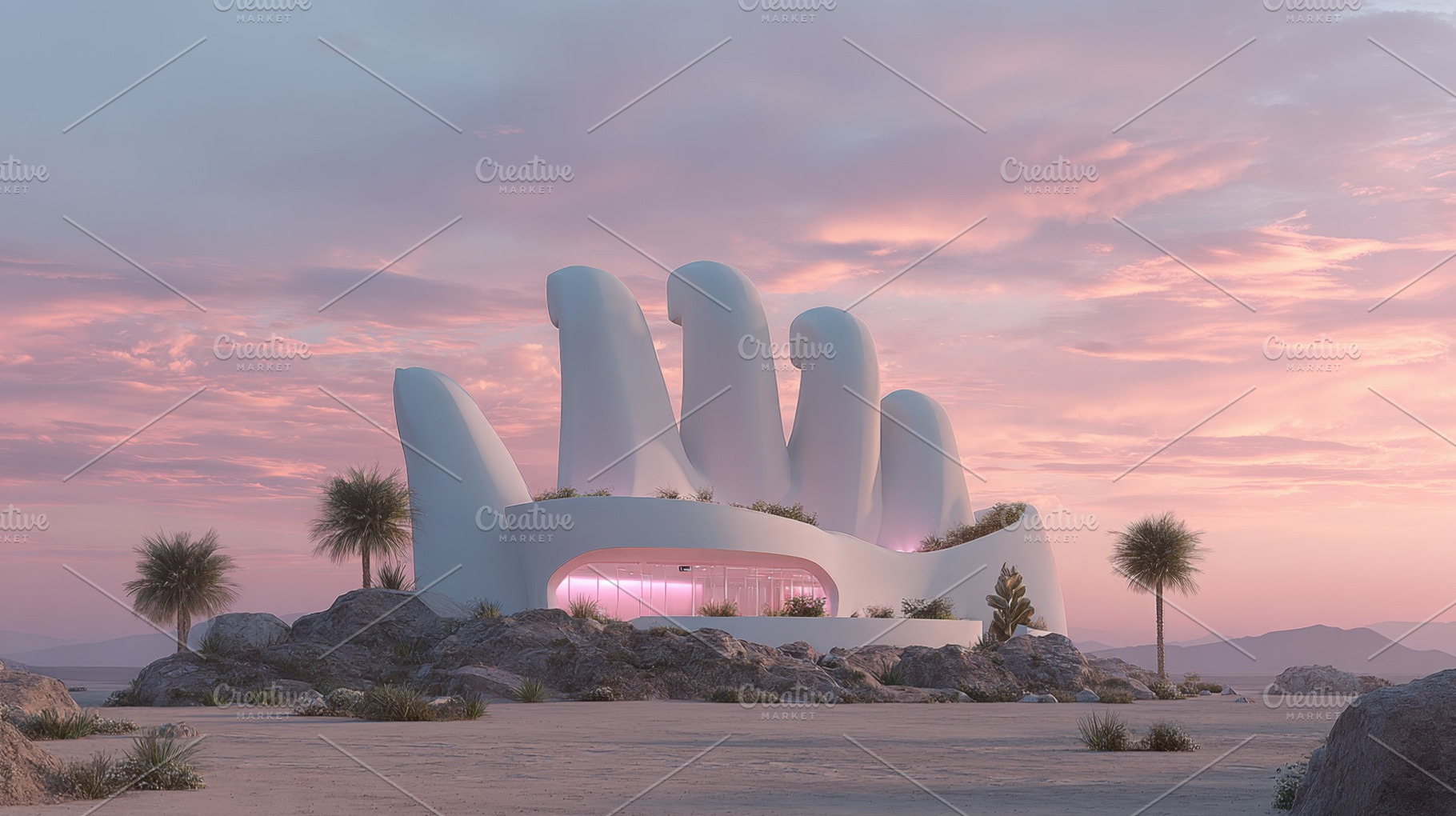 Hand-shaped building in desert, a Photo by Beautiful things