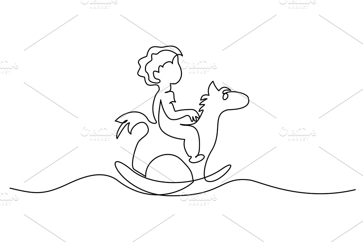 Little boy ride rocking horse kid, an Education Illustration by Valenty