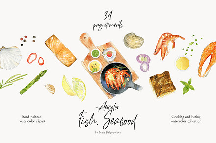 Watercolor Cooking Clipart, Fish.