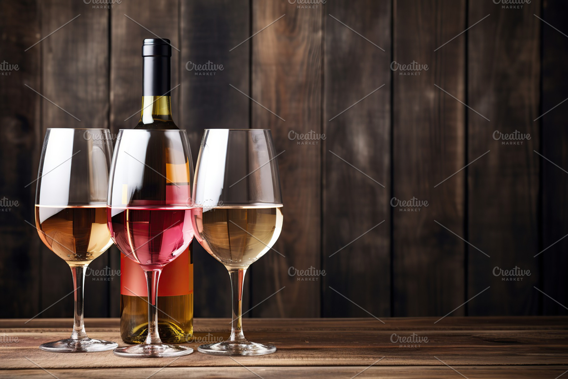 Bottle and glasses of red and white wine on wooden background, a Food & Drink Photo by AlyaAnd