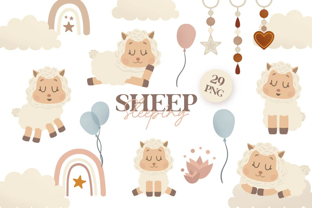 Boho Cute Sleeping Sheep clipart, an Animal Illustration by BrillCreateArt (Photo 1 of 4)
