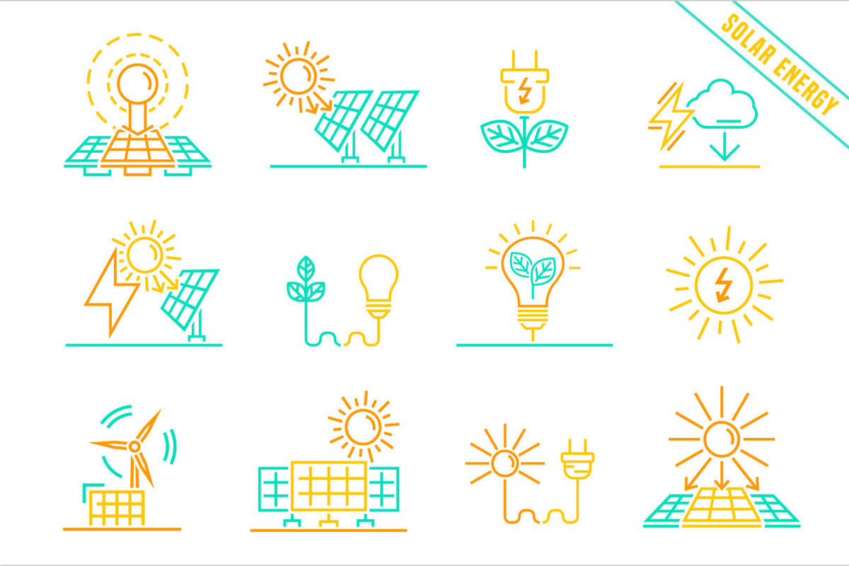 Solar power plant icons set., an Outline Icon by Anna's Shop