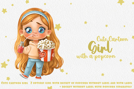 Cute cartoon blond girl with popcorn