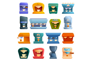 Coffee Machine Icons Set, Cartoon