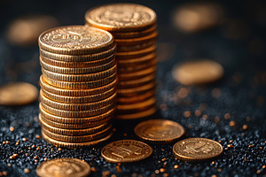 Stacks of shiny coins on a dark surf, a Photo by Tanuart