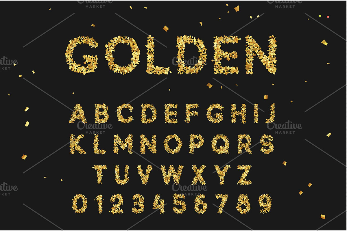 Font alphabet from gold confetti, letter golden serpentine.