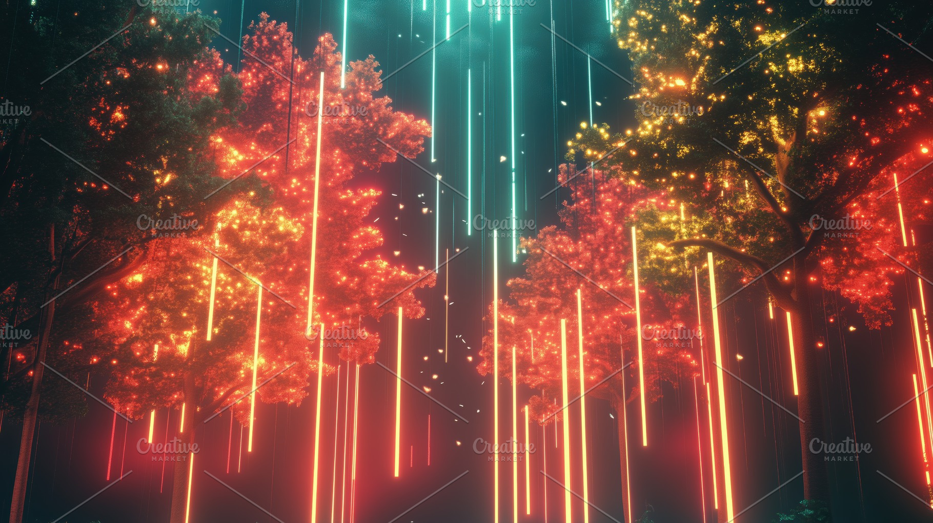 A vibrant, surreal forest scene with glowing trees in shades of red and orange,, a Photo by Textures & Backgrounds