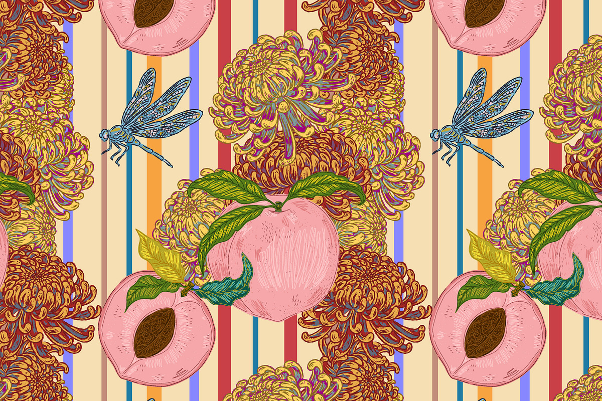 Peach, Chrysanthemum and Dragonfly, a Pattern Graphic by NayaChu (Photo 3 of 9)