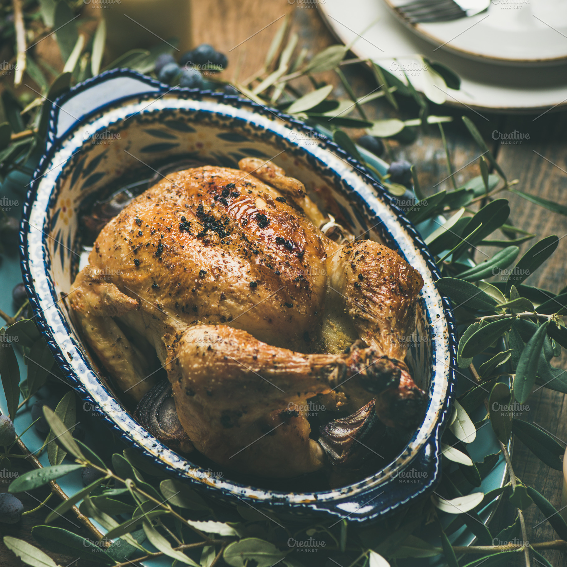 Whole roasted chicken decorated with containing chicken, roasted, and whole, a Food & Drink Photo by Foxys