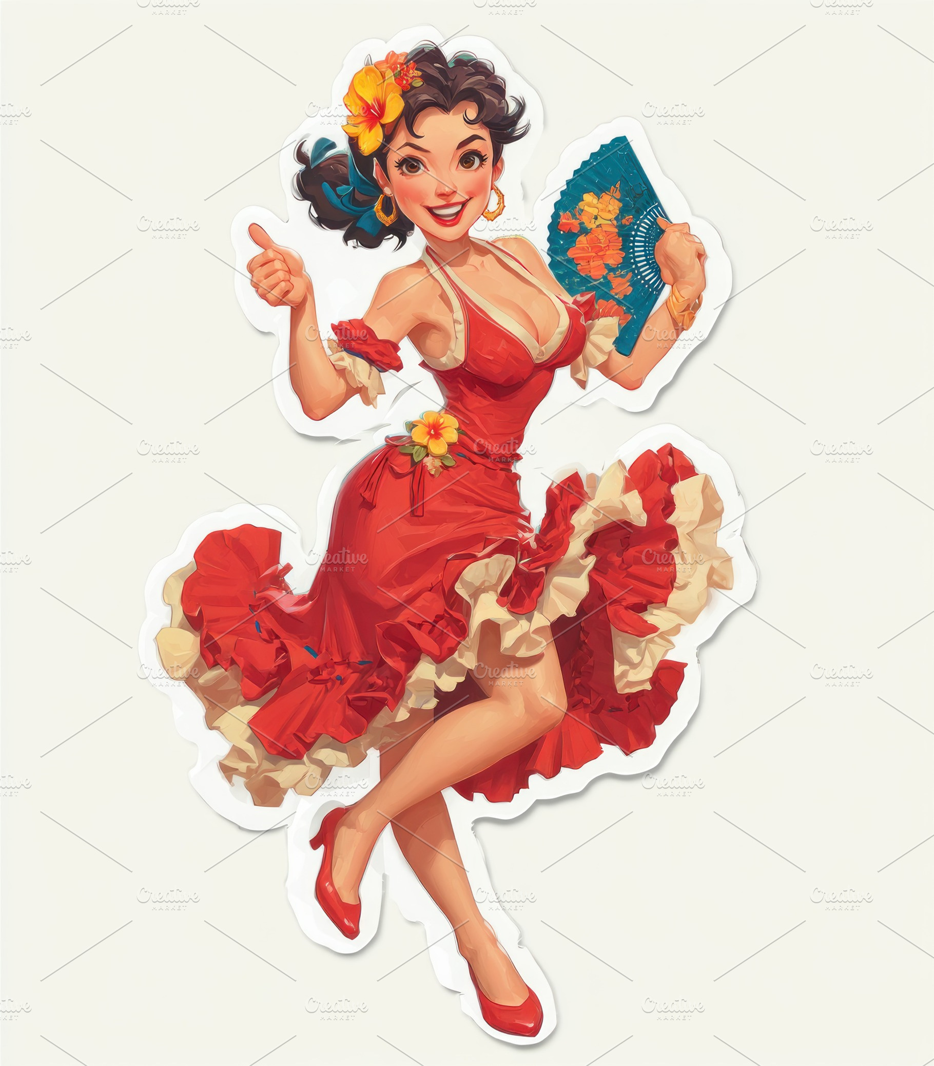 Smiling woman in red ruffled dress dancing with fan and giving t, a Person Photo by José Manuel Gelpi