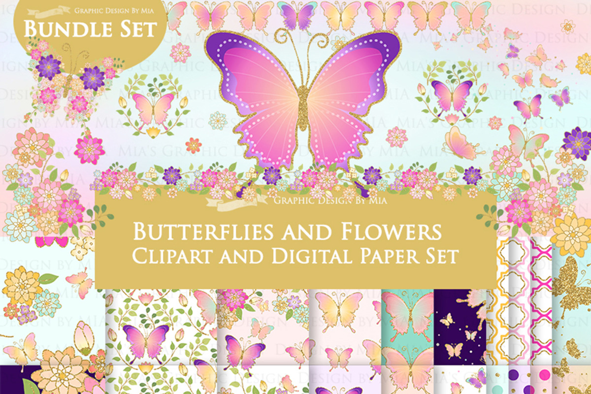 Butterflies and Flowers Gold Glitter, an Illustration by Mia's Graphic Design (Photo 1 of 11)