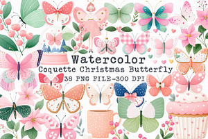 Coquette Christmas Butterfly Clipart, an Illustration by Libby Wishes