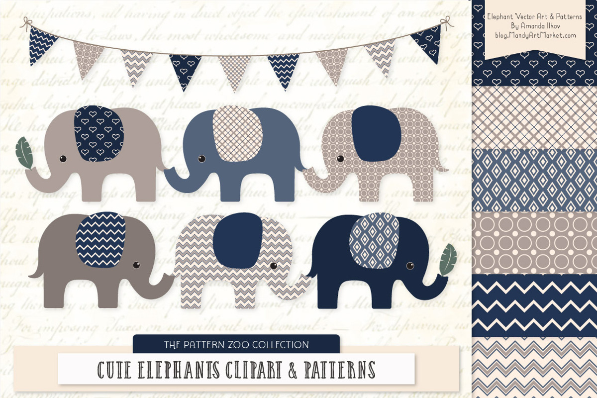 Elephants Clipart & Patterns in Navy, an Illustration by Amanda Ilkov (Photo 1 of 4)