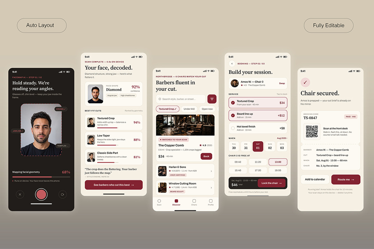 AI Barber Booking & Style Advisor, an UI Kit Template by Pitchlook.Studio (Photo 3 of 4)