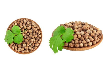 Dried coriander seeds in the wooden