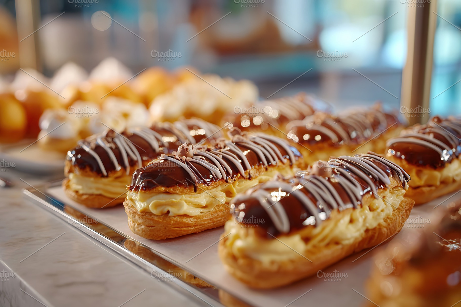 Delicious pastries filled with vanilla cream and glazed are displayed in a bake, a Food & Drink Photo by AlyaAnd