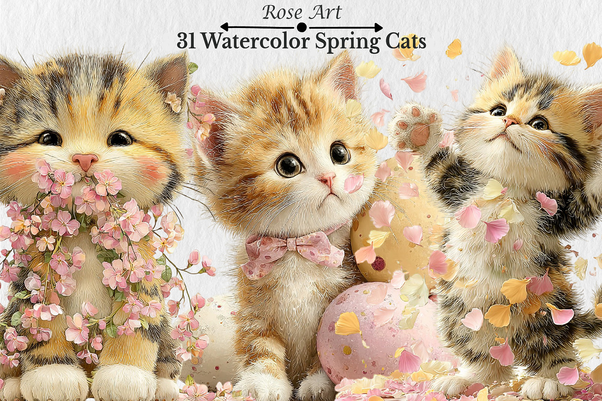 Watercolor Spring Cats Clipart, a Seasonal Illustration by Rose Art (Photo 1 of 6)