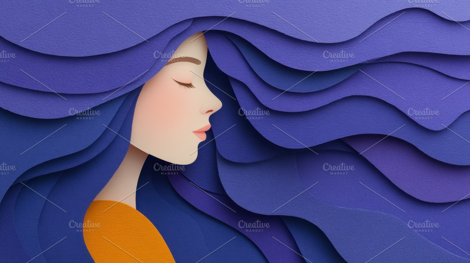 Paper cut style illustration of a serene woman in side profile w, a Photo by José Manuel Gelpi