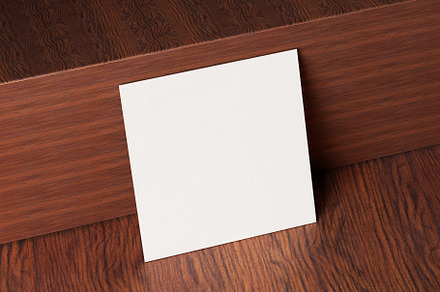 White square shape paper business card mockup on wooden brown ta, a Business Photo by Ministocker