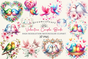 Whimsical Valentine Couple Birds, an Illustration by DreamCafeArt