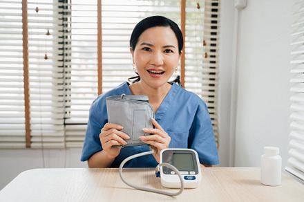 Friendly Asian nurse showing blood pressure monitor