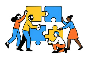 Team members collaborating to solve, a Person Illustration by ZinetroN