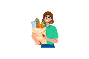 Smiling woman holding grocery bag, a Person Illustration by pikepicture