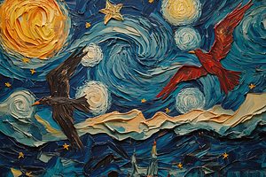 Starry Folk Art Birds in Night Sky, a Decorative Illustration by Art Paradise Studios