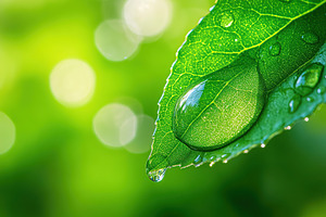 Clear water droplet resting on a vibrant green leaf amid a blurred background, a Nature Photo by AlyaAnd