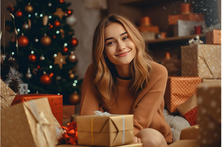 Happy woman smiling near christmas, a Holiday Photo by Ylivdesign