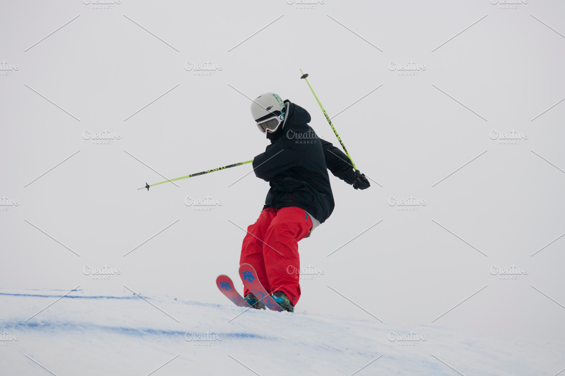 Skier in flight containing skier, athlete, and jump