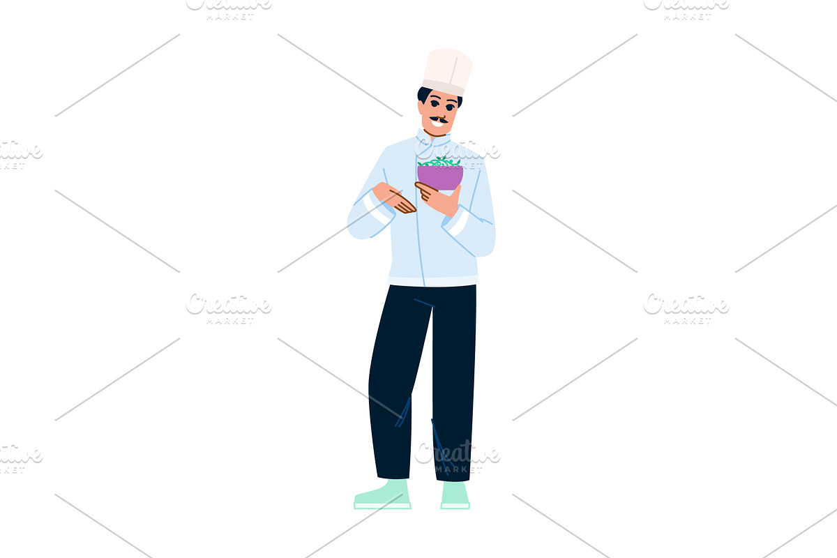 Smiling chef holding bowl with fresh, a Food Illustration by pikepicture