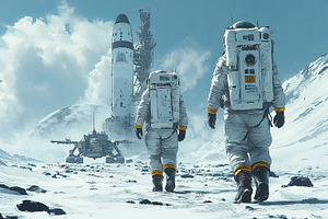 Astronauts walking on snowy terrain near spacecraft under vast sky, a Photo by AS photostudio