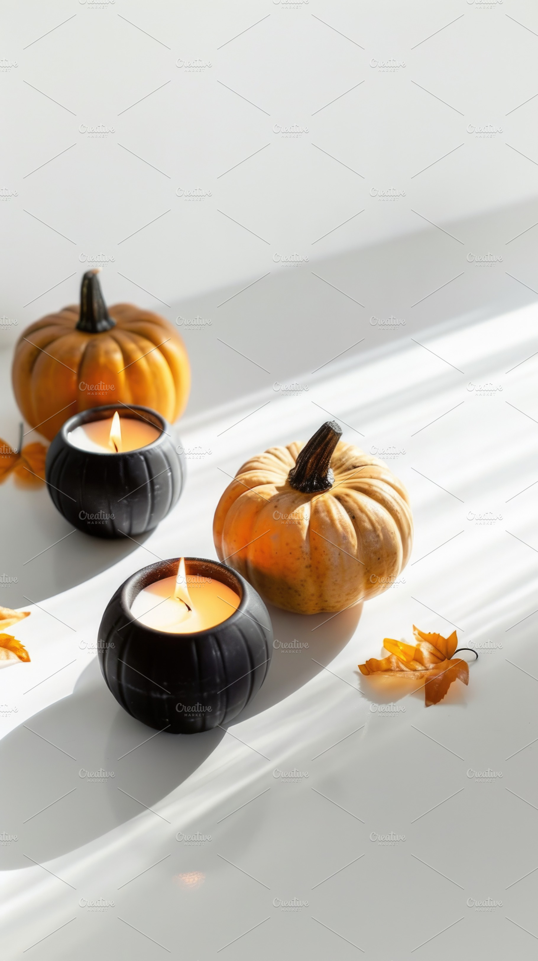 Elegant Halloween pumpkins with black candles and copy space, a Nature Photo by José Manuel Gelpi