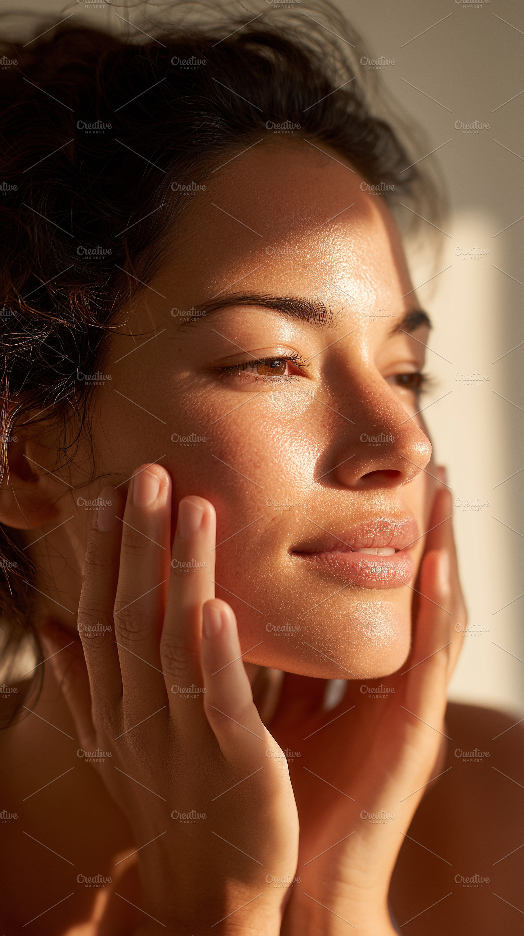 Woman gently touches glowing face, a Beauty & Fashion Photo by MistyDay