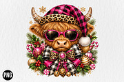 Pink Highland Cow Christmas PNG, a Seasonal Illustration by CraftArtStudio (Thumbnail 1 of 4)