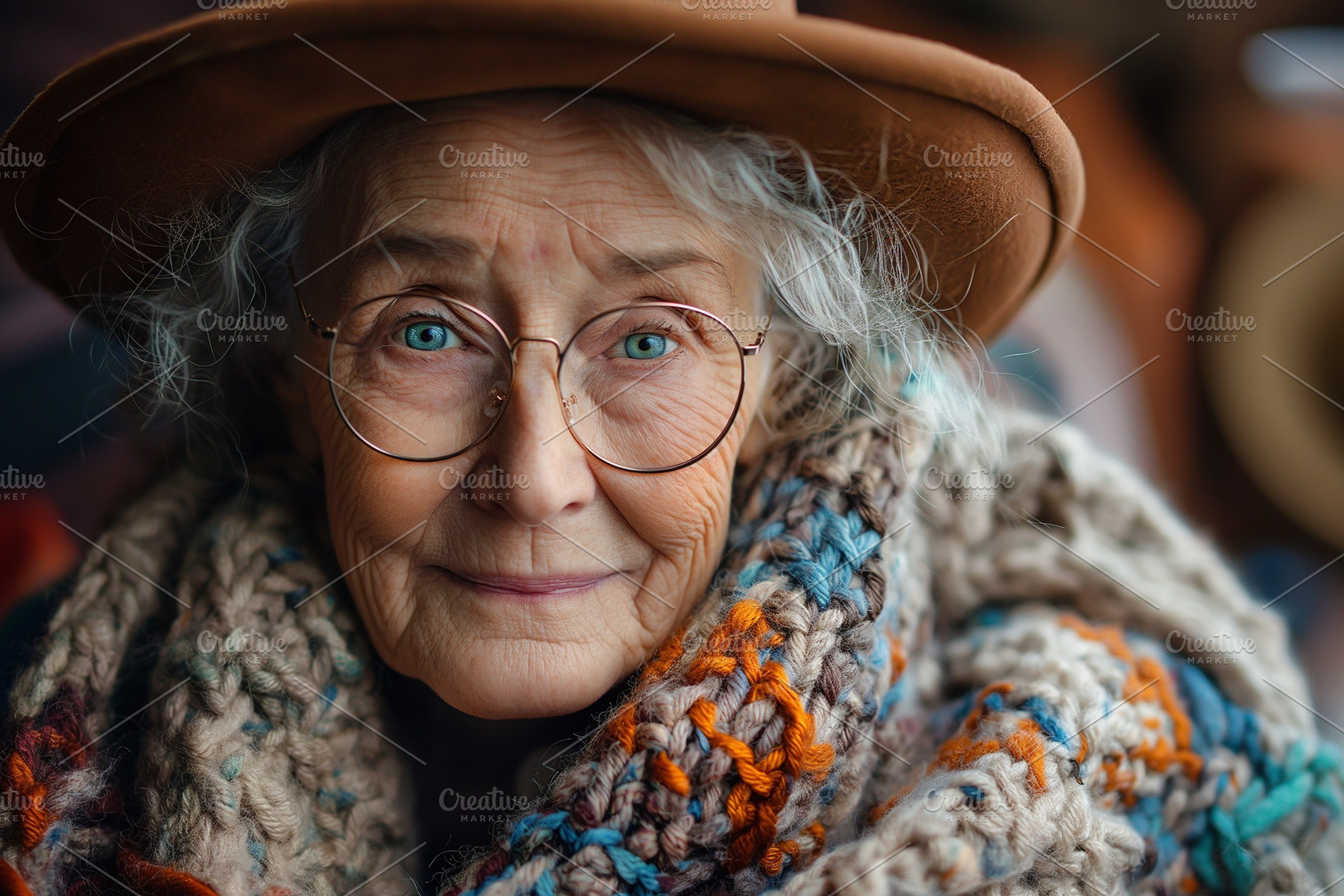 Smiling elderly woman with gray hair, wearing glasses and a colorful knitted sc, a Person Photo by ImageMir