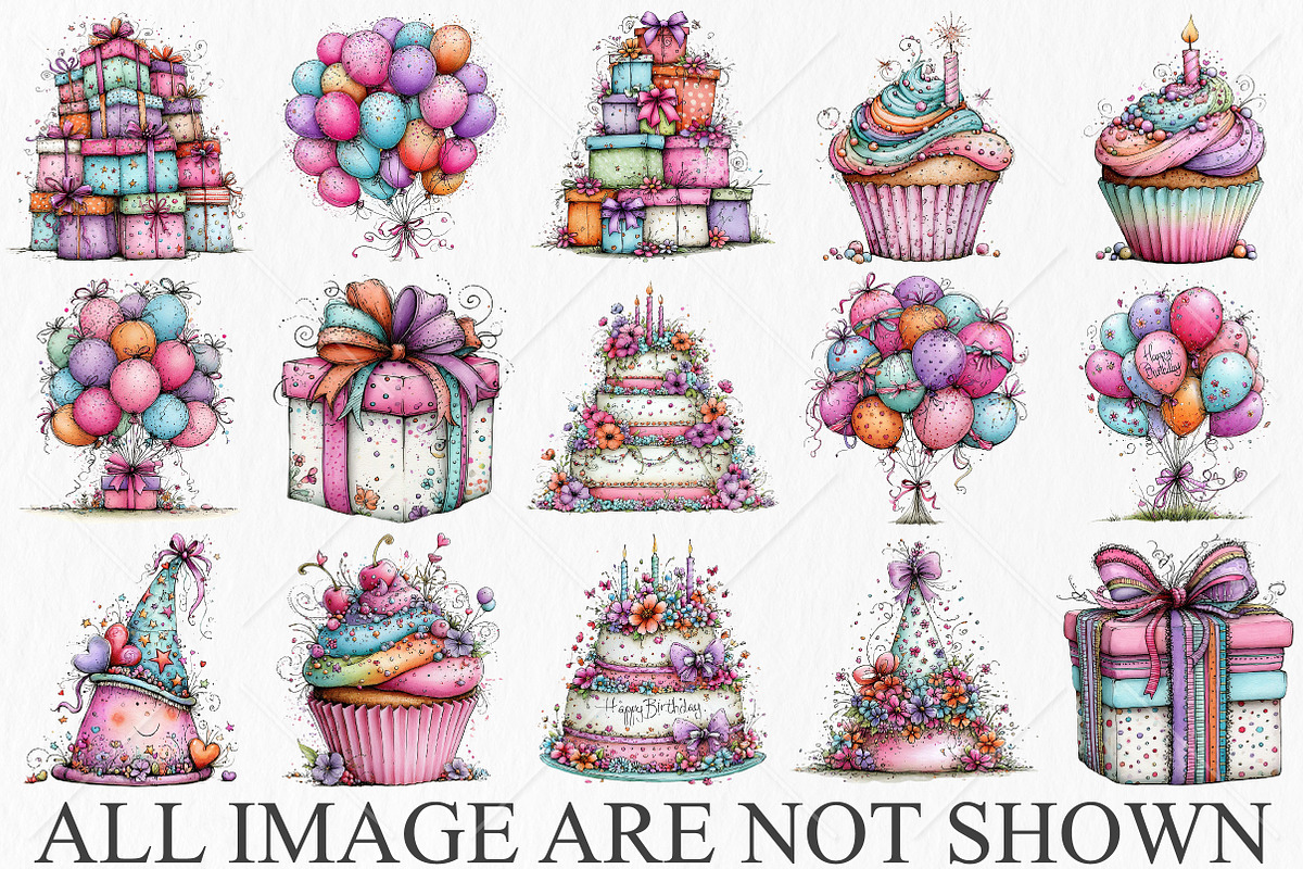 Watercolor Birthday Clipart Bundle, a Seasonal Illustration by Canvas Craft (Photo 4 of 10)